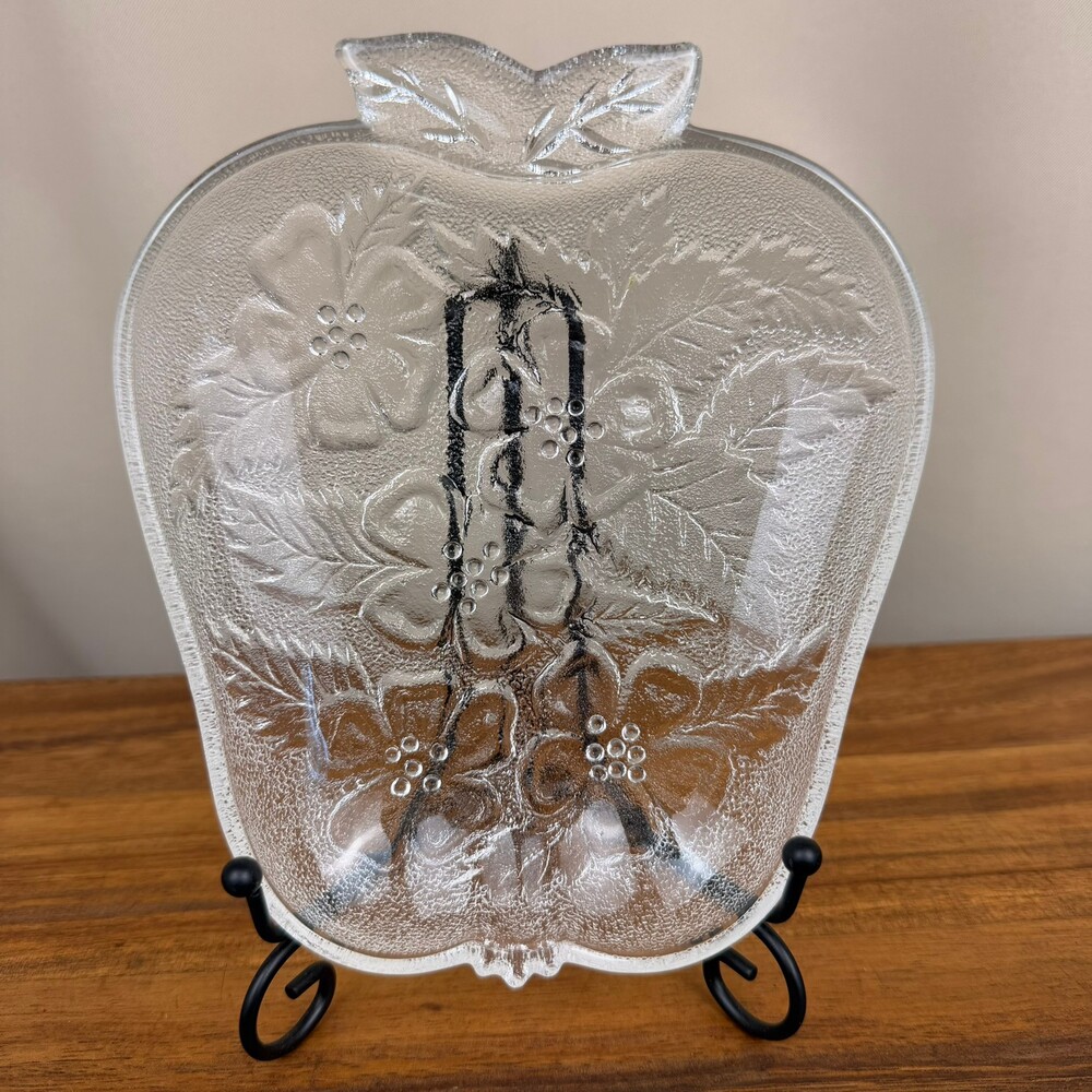 Hazel Atlas "Orchard Blossom" Clear Glass Apple Serving Trinket Dish 6.75"